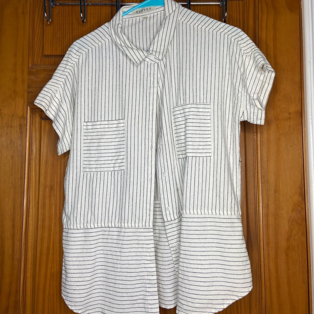 Women’s Cream and black striped button up shirt